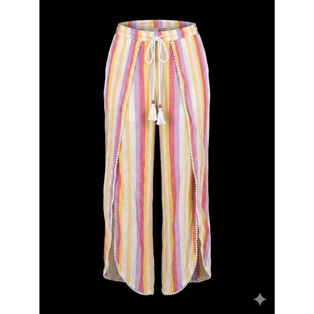 VTG Y2K Angie Women M Striped Split Leg Pants Boho Beach Tassel Drawstring Rayon